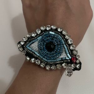 Picasso / Dali Style Blue Beaded Rhinestone EVIL EYE Threaded / Beaded Bracelet